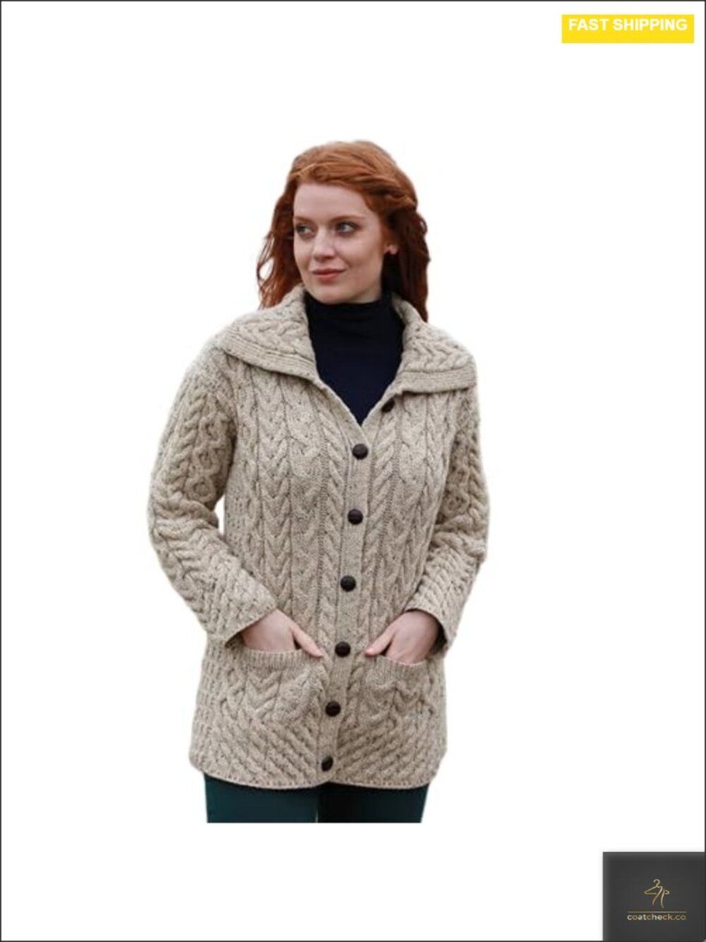 Women's 100% Merino Wool Cable Knit Cardigan Long Sleeve Patch Pockets